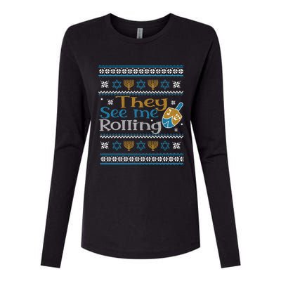 Hanukkah Jewish Dreidel They See Me Rolling Ugly Sweater Womens Cotton Relaxed Long Sleeve T-Shirt