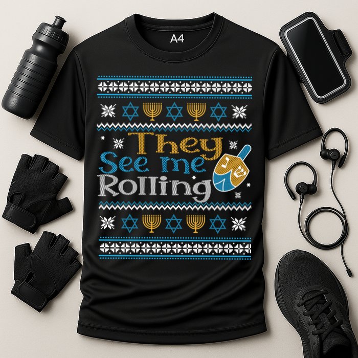 Hanukkah Jewish Dreidel They See Me Rolling Ugly Sweater Cooling Performance Crew T-Shirt