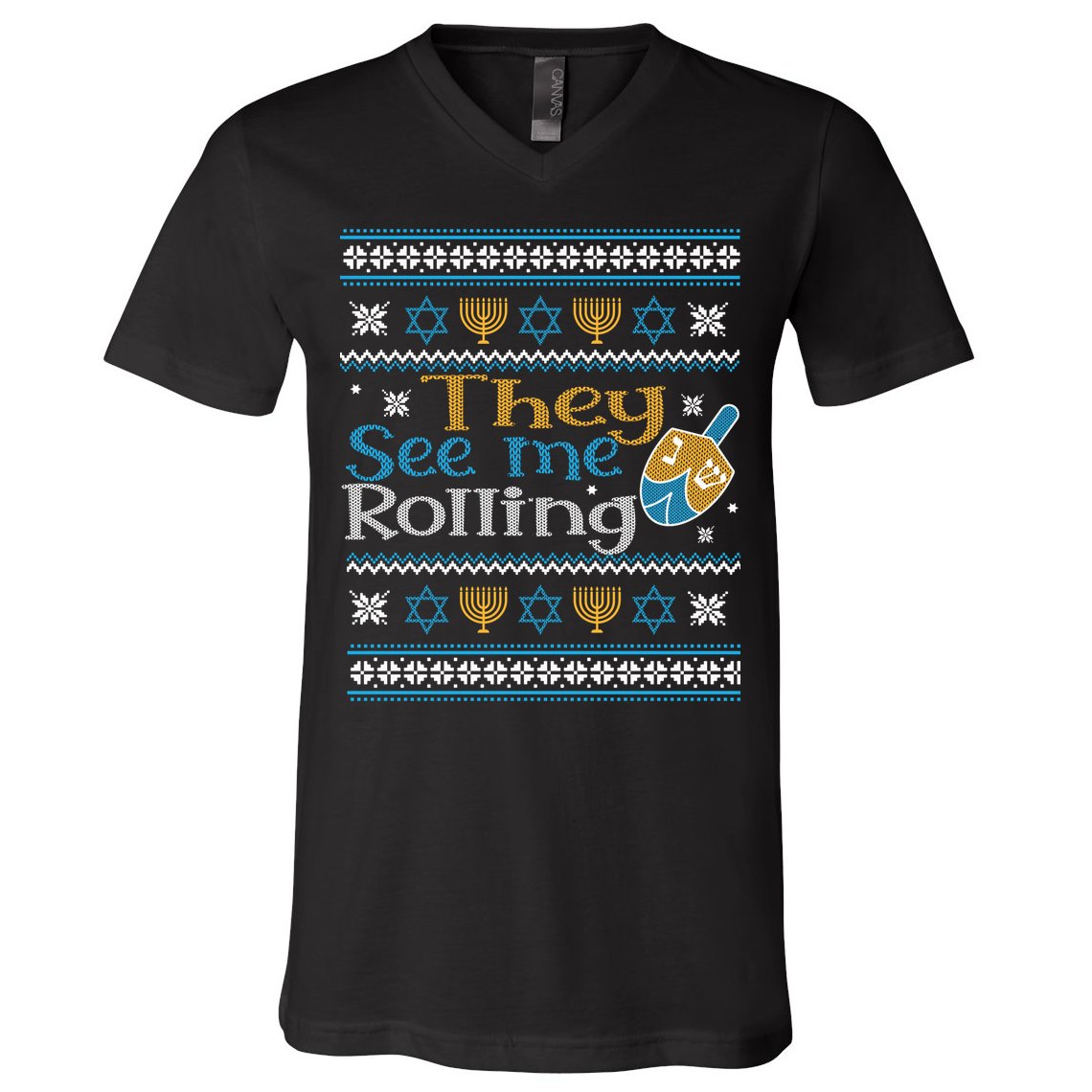 Hanukkah Jewish Dreidel They See Me Rolling Ugly Sweater V-Neck T-Shirt