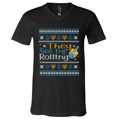 Hanukkah Jewish Dreidel They See Me Rolling Ugly Sweater V-Neck T-Shirt