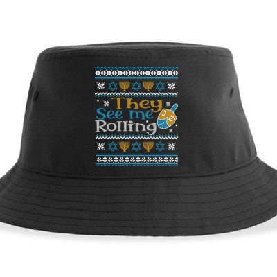 Hanukkah Jewish Dreidel They See Me Rolling Ugly Sweater Sustainable Bucket Hat