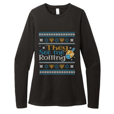 Hanukkah Jewish Dreidel They See Me Rolling Ugly Sweater Womens CVC Long Sleeve Shirt