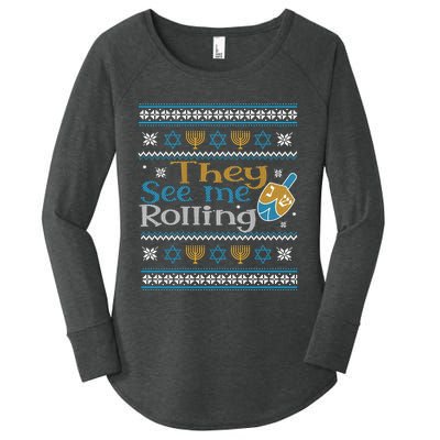 Hanukkah Jewish Dreidel They See Me Rolling Ugly Sweater Women's Perfect Tri Tunic Long Sleeve Shirt