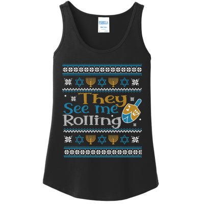 Hanukkah Jewish Dreidel They See Me Rolling Ugly Sweater Ladies Essential Tank