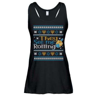 Hanukkah Jewish Dreidel They See Me Rolling Ugly Sweater Ladies Essential Flowy Tank