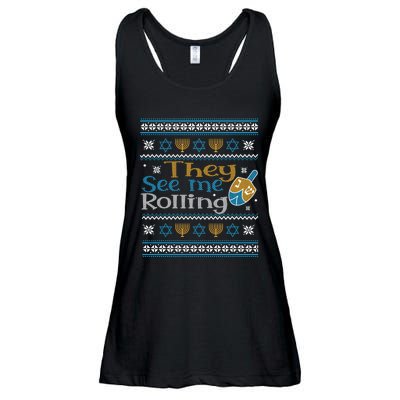 Hanukkah Jewish Dreidel They See Me Rolling Ugly Sweater Ladies Essential Flowy Tank