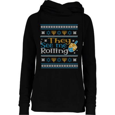 Hanukkah Jewish Dreidel They See Me Rolling Ugly Sweater Womens Funnel Neck Pullover Hood