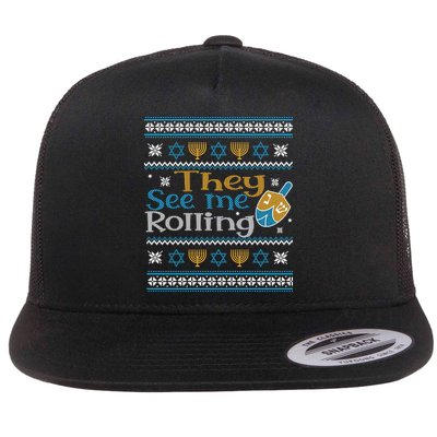 Hanukkah Jewish Dreidel They See Me Rolling Ugly Sweater Flatbill Hat
