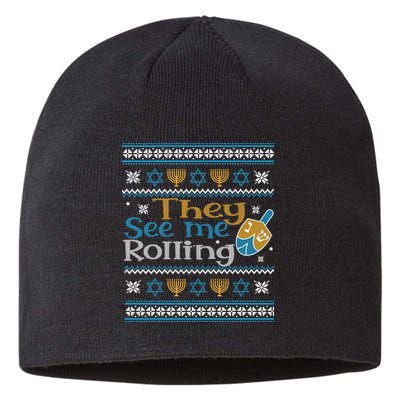 Hanukkah Jewish Dreidel They See Me Rolling Ugly Sweater Sustainable Beanie