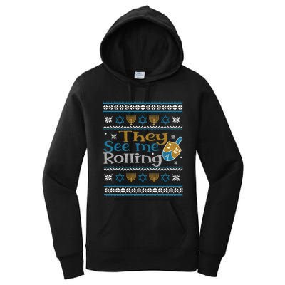 Hanukkah Jewish Dreidel They See Me Rolling Ugly Sweater Women's Pullover Hoodie