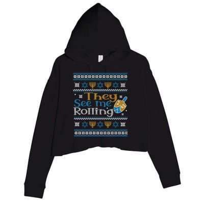 Hanukkah Jewish Dreidel They See Me Rolling Ugly Sweater Crop Fleece Hoodie