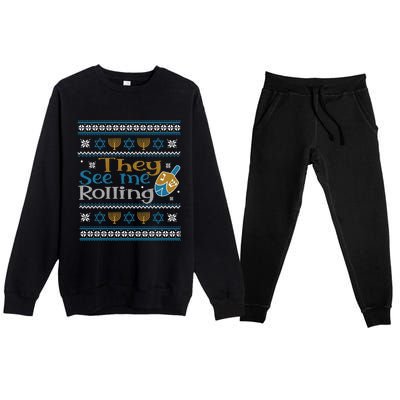 Hanukkah Jewish Dreidel They See Me Rolling Ugly Sweater Premium Crewneck Sweatsuit Set