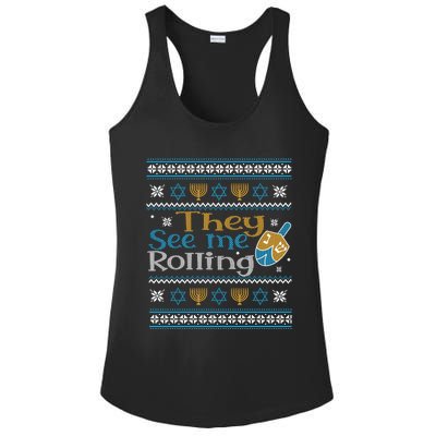 Hanukkah Jewish Dreidel They See Me Rolling Ugly Sweater Ladies PosiCharge Competitor Racerback Tank