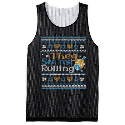 Hanukkah Jewish Dreidel They See Me Rolling Ugly Sweater Mesh Reversible Basketball Jersey Tank