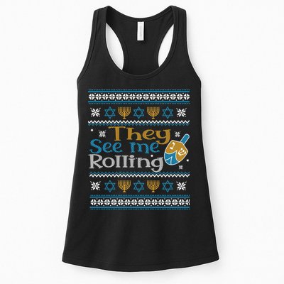 Hanukkah Jewish Dreidel They See Me Rolling Ugly Sweater Womens Tank Top