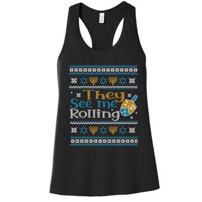 Hanukkah Jewish Dreidel They See Me Rolling Ugly Sweater Women's Racerback Tank