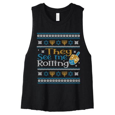 Hanukkah Jewish Dreidel They See Me Rolling Ugly Sweater Women's Racerback Cropped Tank