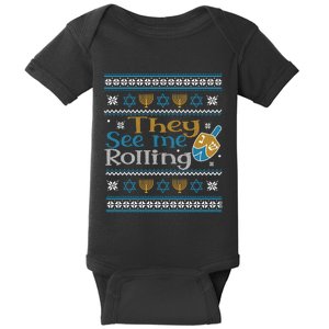 Hanukkah Jewish Dreidel They See Me Rolling Ugly Sweater Baby Bodysuit