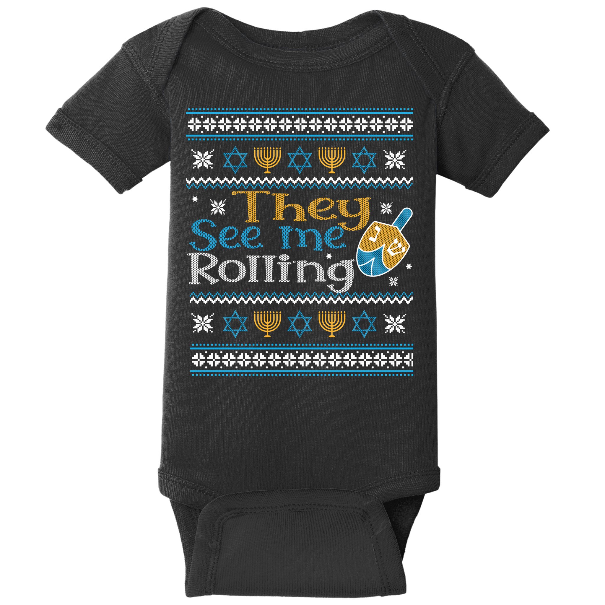 Hanukkah Jewish Dreidel They See Me Rolling Ugly Sweater Baby Bodysuit