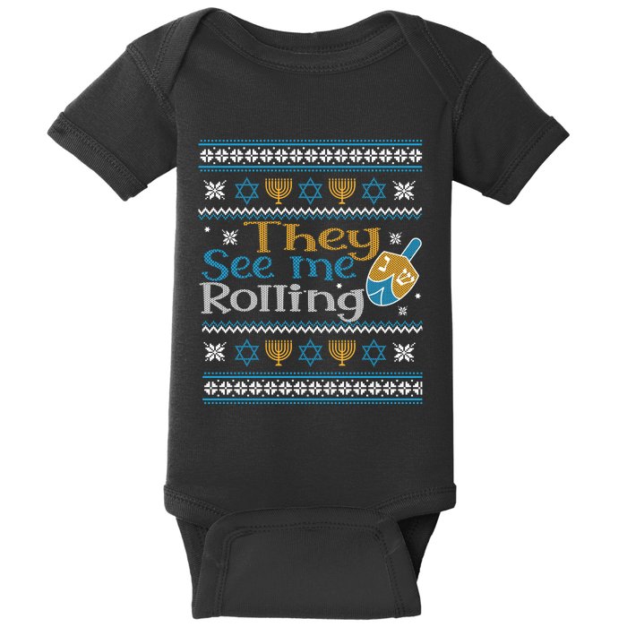 Hanukkah Jewish Dreidel They See Me Rolling Ugly Sweater Baby Bodysuit