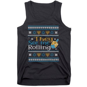 Hanukkah Jewish Dreidel They See Me Rolling Ugly Sweater Tank Top