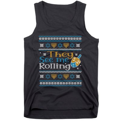 Hanukkah Jewish Dreidel They See Me Rolling Ugly Sweater Tank Top