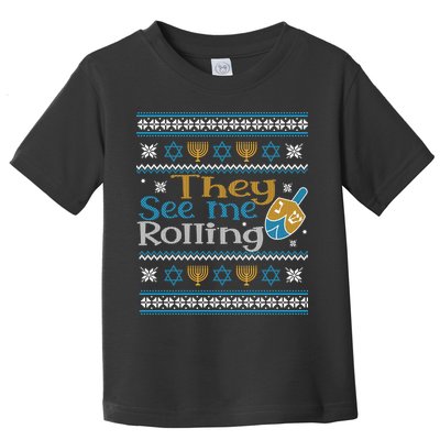 Hanukkah Jewish Dreidel They See Me Rolling Ugly Sweater Toddler T-Shirt