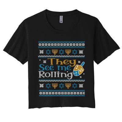 Hanukkah Jewish Dreidel They See Me Rolling Ugly Sweater Women's Crop Top Tee