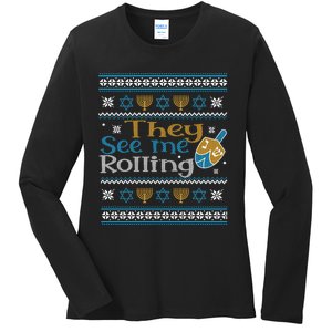 Hanukkah Jewish Dreidel They See Me Rolling Ugly Sweater Ladies Long Sleeve Shirt