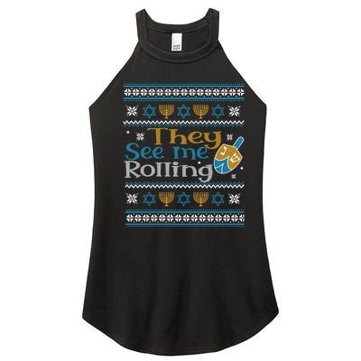 Hanukkah Jewish Dreidel They See Me Rolling Ugly Sweater Women's Perfect Tri Rocker Tank