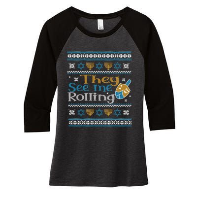 Hanukkah Jewish Dreidel They See Me Rolling Ugly Sweater Women's Tri-Blend 3/4-Sleeve Raglan Shirt