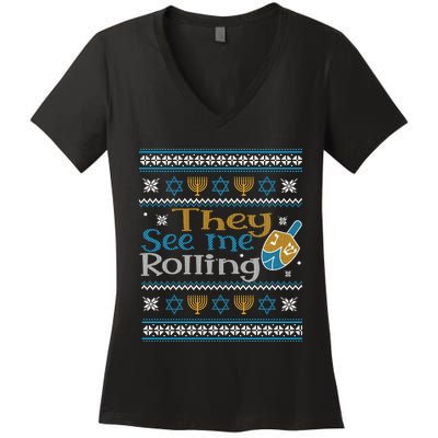 Hanukkah Jewish Dreidel They See Me Rolling Ugly Sweater Women's V-Neck T-Shirt