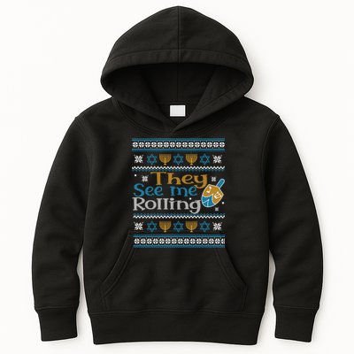 Hanukkah Jewish Dreidel They See Me Rolling Ugly Sweater Kids Hoodie