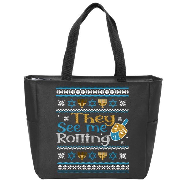 Hanukkah Jewish Dreidel They See Me Rolling Ugly Sweater Zip Tote Bag