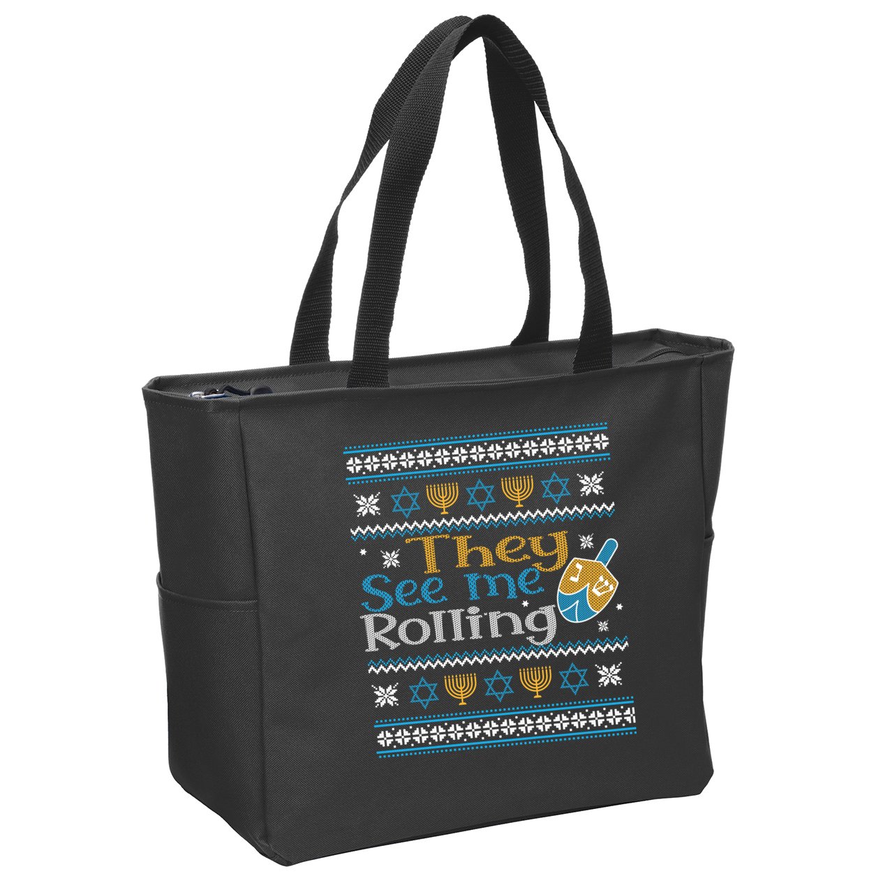 Hanukkah Jewish Dreidel They See Me Rolling Ugly Sweater Zip Tote Bag