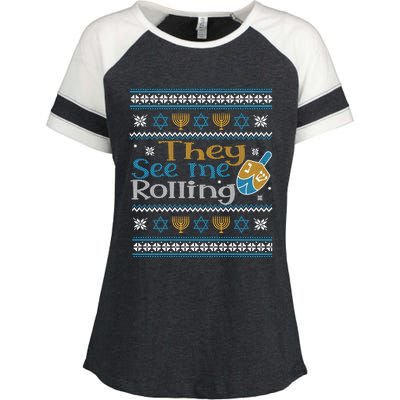 Hanukkah Jewish Dreidel They See Me Rolling Ugly Sweater Enza Ladies Jersey Colorblock Tee