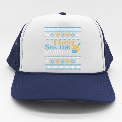 Hanukkah Jewish Dreidel They See Me Rolling Ugly Sweater Trucker Hat