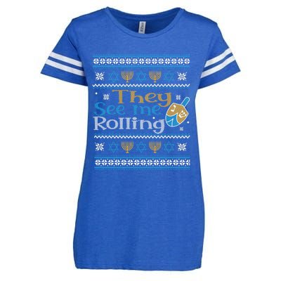 Hanukkah Jewish Dreidel They See Me Rolling Ugly Sweater Enza Ladies Jersey Football T-Shirt