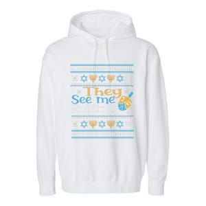 Hanukkah Jewish Dreidel They See Me Rolling Ugly Sweater Garment-Dyed Fleece Hoodie