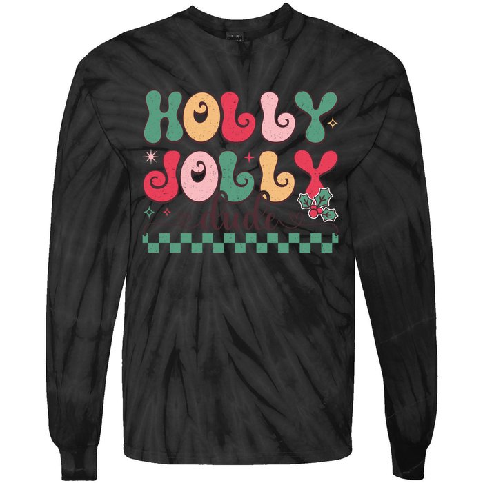 Holly Jolly Dude Festive Phrase Graphic Tie-Dye Long Sleeve Shirt