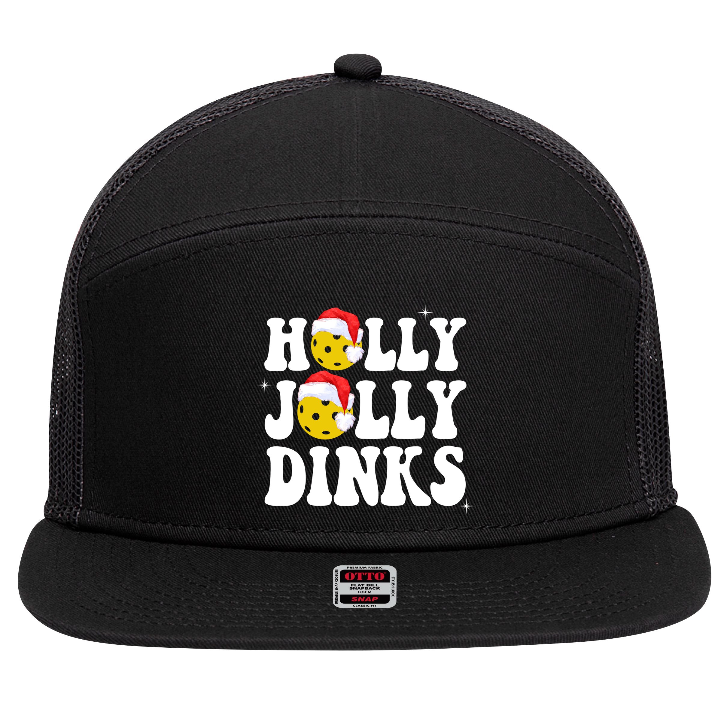 Holly Jolly Dinks Pickleball Christmas 7 Panel Mesh Trucker Snapback Hat