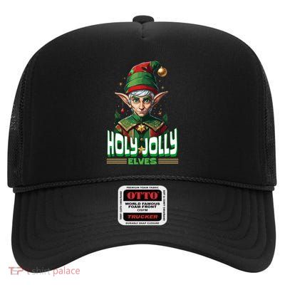 Holly Jolly Elves Funny Christmas Elf High Crown Mesh Back Trucker Hat
