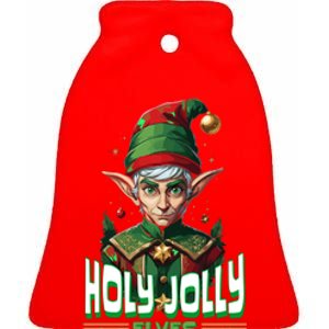 Holly Jolly Elves Funny Christmas Elf Ceramic Bell Ornament