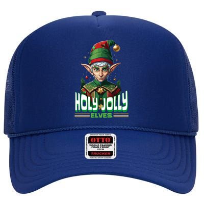 Holly Jolly Elves Funny Christmas Elf High Crown Mesh Back Trucker Hat