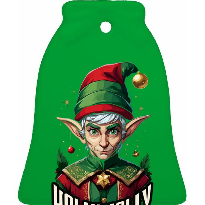 Holly Jolly Elves Ceramic Bell Ornament