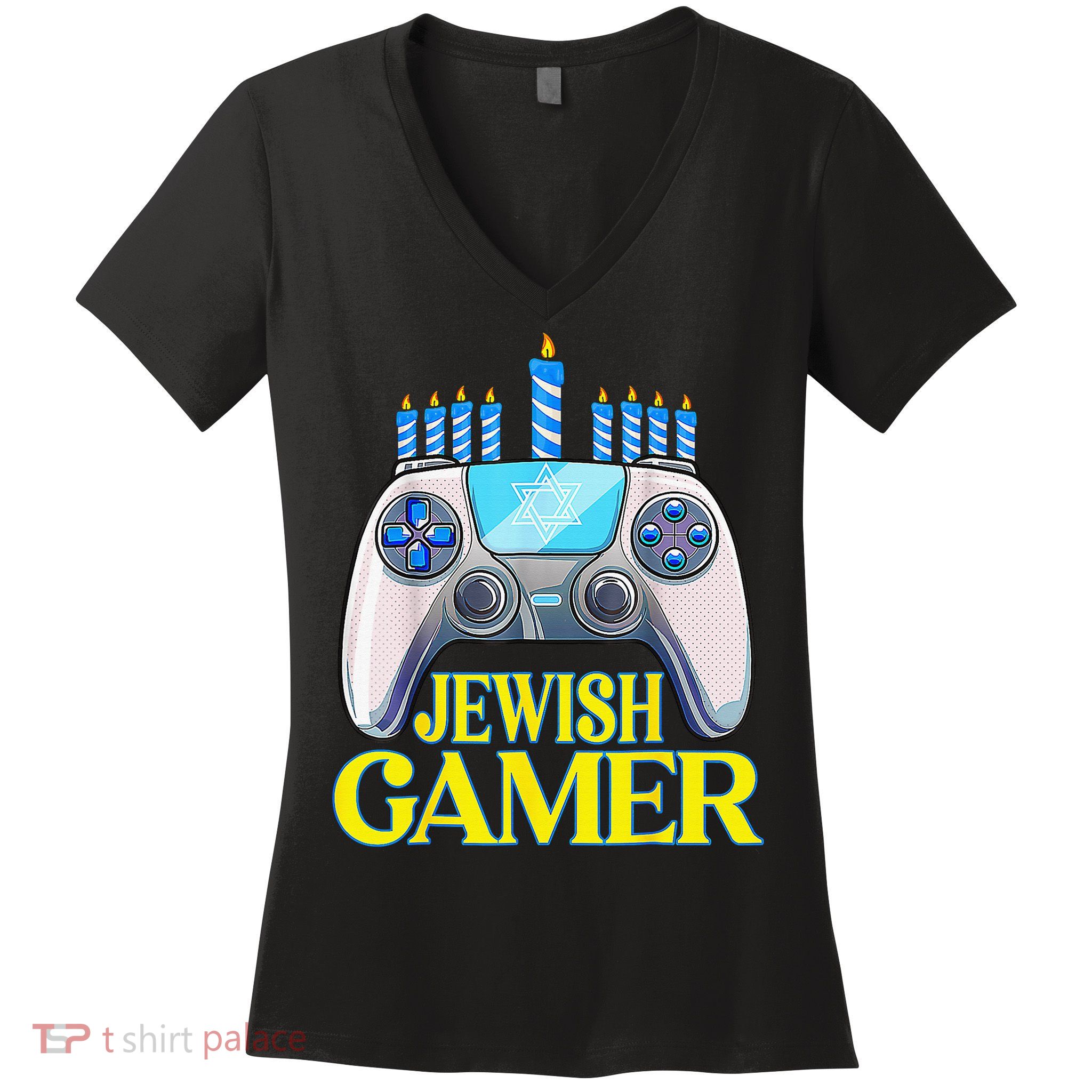 Hanukkah Jewish Gamer Video Game Christmas Xmas Boys Women's V-Neck T-Shirt