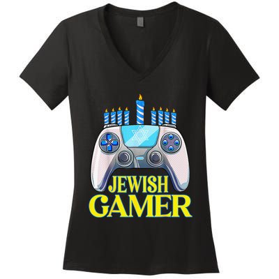 Hanukkah Jewish Gamer Video Game Christmas Xmas Boys Women's V-Neck T-Shirt