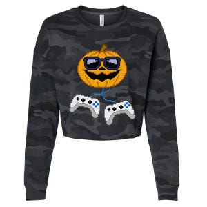 Halloween Jack O Lantern Pixelated Gaming Gamer Cropped Pullover Crew