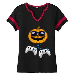 Halloween Jack O Lantern Pixelated Gaming Gamer Ladies Halftime Notch Neck Tee