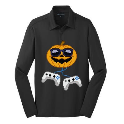 Halloween Jack O Lantern Pixelated Gaming Gamer Silk Touch Performance Long Sleeve Polo